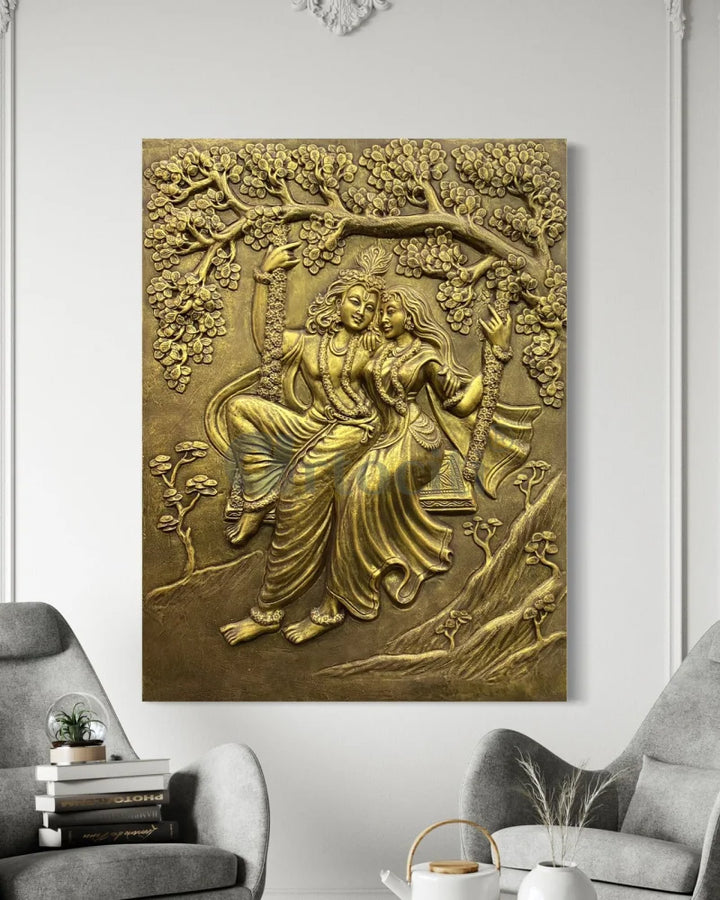 Radha Krishna 3D Relief Mural Wall Art 4X3 feet / Golden / Unframed (ready to hang)