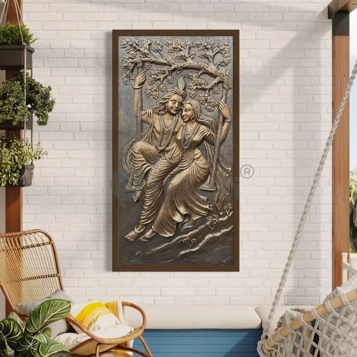 Radha Krishna 3D Relief Mural Wall Art 6X3 feet / Bronze / Framed