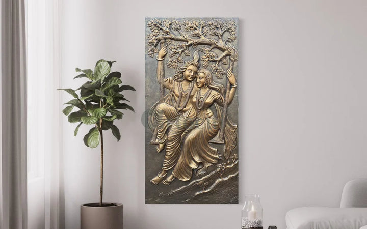 Radha Krishna 3D Relief Mural Wall Art 6X3 feet / Bronze / Unframed (ready to hang)