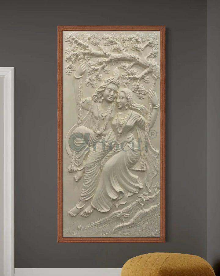 Radha Krishna 3D Relief Mural Wall Art 6X3 feet / Cream / Framed