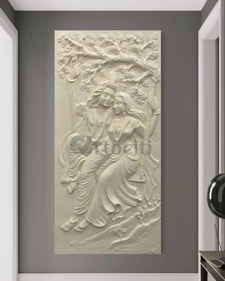 Radha Krishna 3D Relief Mural Wall Art 6X3 feet / Cream / Unframed (ready to hang)