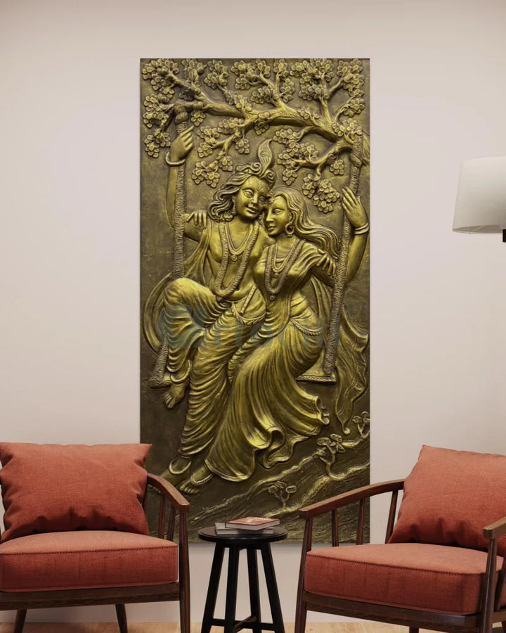Radha Krishna 3D Relief Mural Wall Art 6X3 feet / Golden / Unframed (ready to hang)