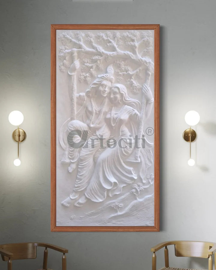 Radha Krishna 3D Relief Mural Wall Art 6X3 feet / White / Framed