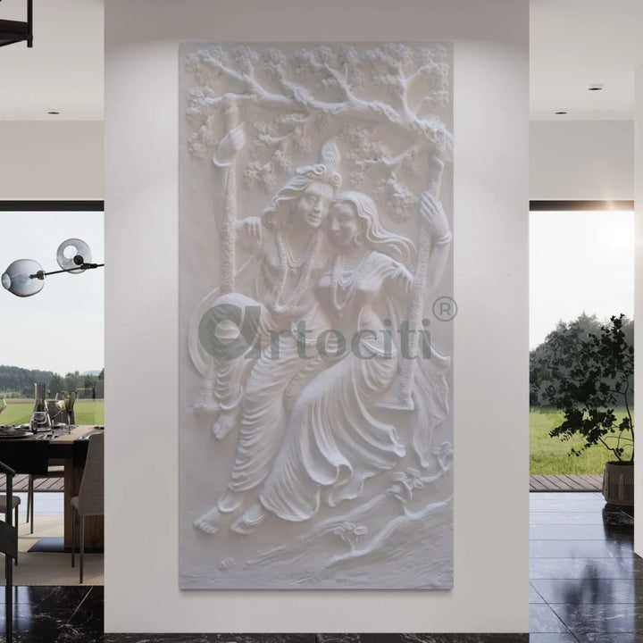 Radha Krishna 3D Relief Mural Wall Art 6X3 feet / White / Unframed (ready to hang)