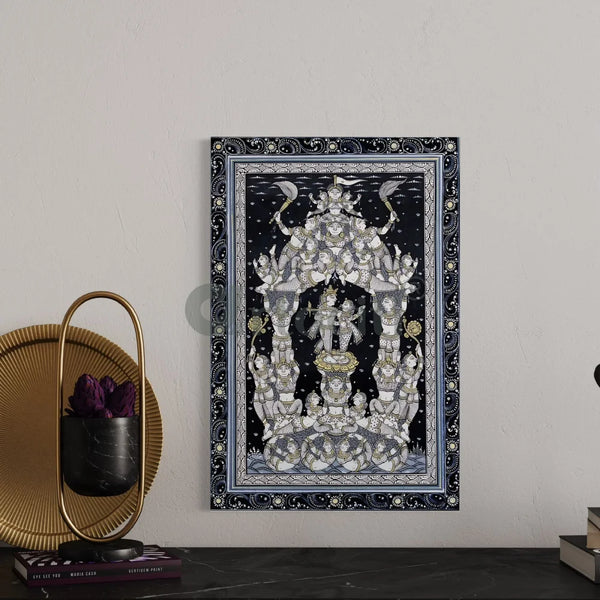 Radha Krishna Black & White Pattachitra Art Canvas Print 24X16 Inches