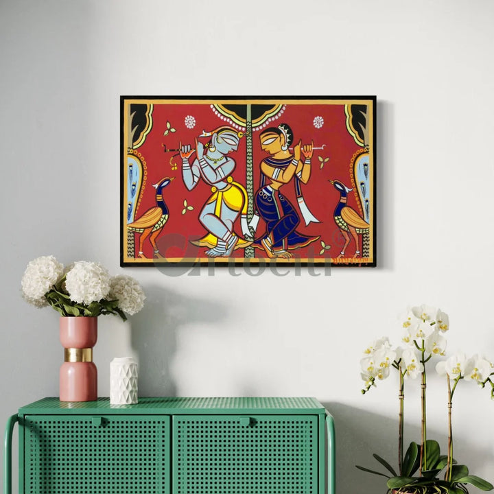 Radha Krishna by Jamini Roy Painting Canvas Giclee Print Kalighat Painting 12X18 Inch