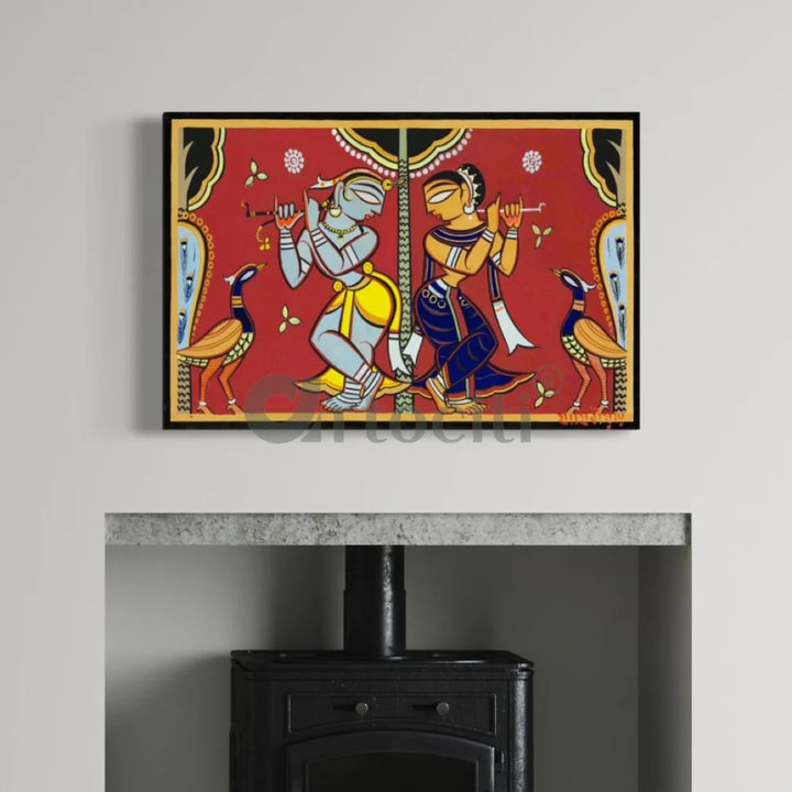 Radha Krishna by Jamini Roy Painting Canvas Giclee Print Kalighat Painting 16X24 Inch