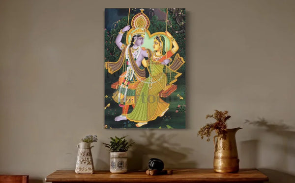 Radha Krishna Swing in a lush Pichwai Canvas Painting 18X12 INCHES