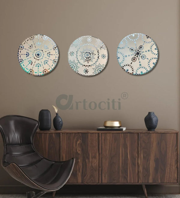 Radiant Handmade Mirror Mosaic Lippan Art (Set of 3) WHITE / 12 Inch Diameter Lippan Art