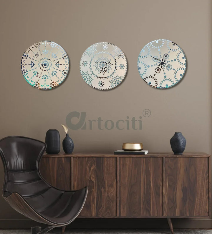 Radiant Handmade Mirror Mosaic Lippan Art (Set of 3) WHITE / 12 Inch Diameter Lippan Art