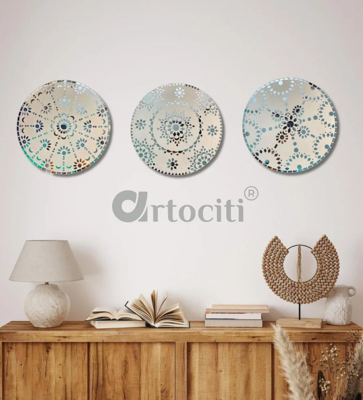 Radiant Handmade Mirror Mosaic Lippan Art (Set of 3) WHITE / 12 Inch Diameter Lippan Art