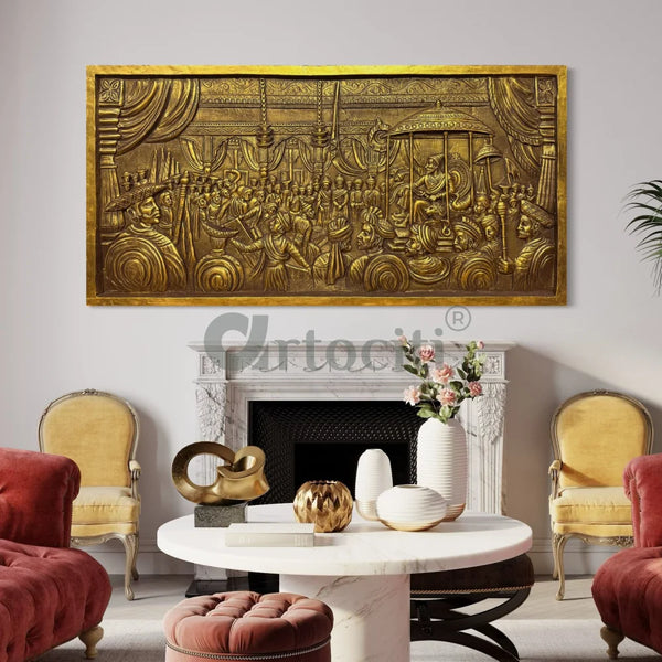 Rajyabhishek of Chattrapati Shivaji Maharaj 3D Relief Mural Wall Art 3X6 Feet / Golden