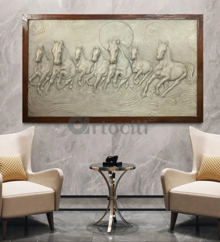 Right moving 5X3 feet 7 Horse 3D Relief Mural Wall Art Antique White / 3X5 feet / Framed