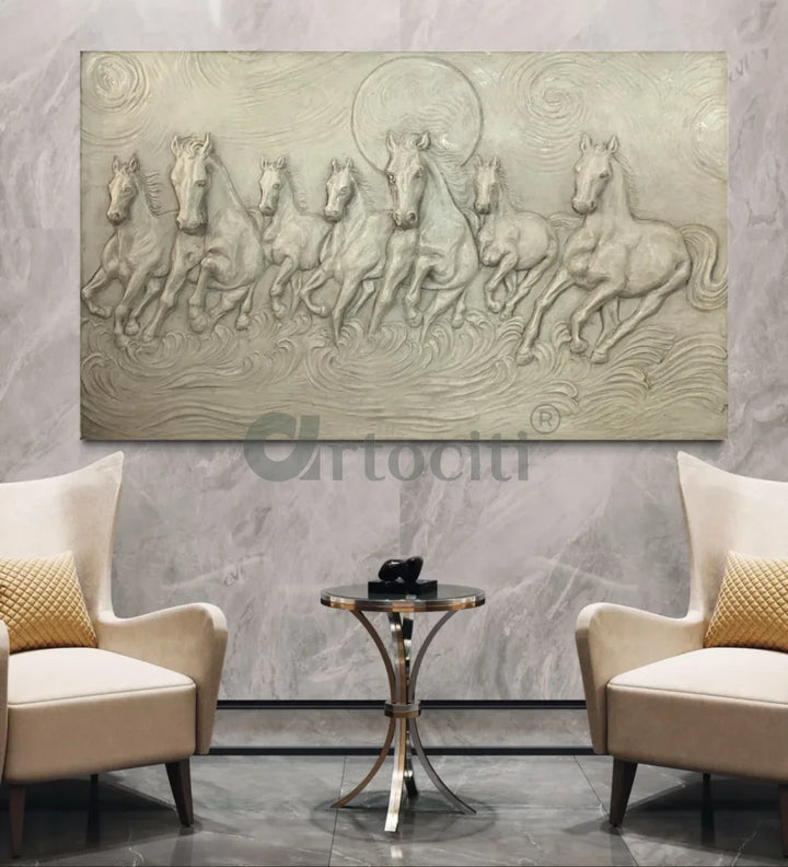 Right moving 5X3 feet 7 Horse 3D Relief Mural Wall Art Antique White / 3X5 feet / Unframed (ready to hang)