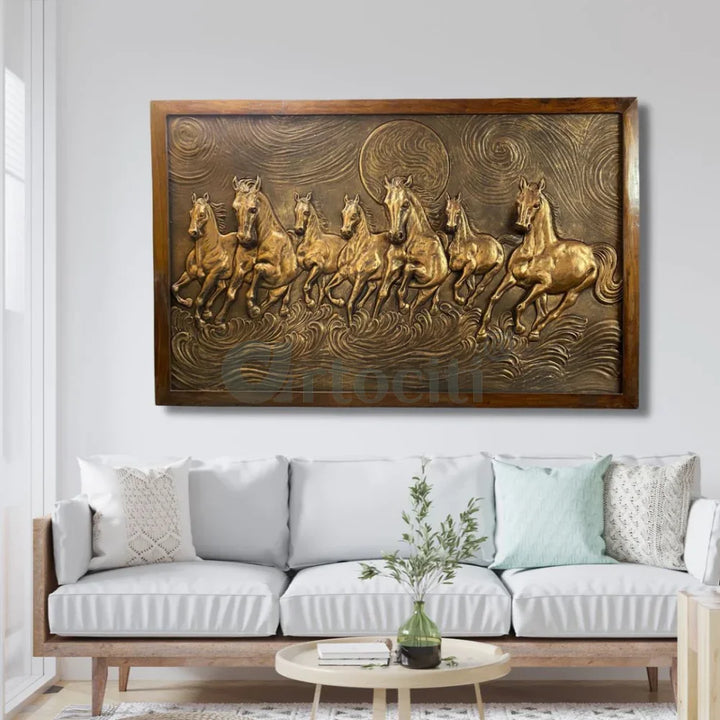 Right moving 5X3 feet 7 Horse 3D Relief Mural Wall Art Bronze / 3X5 feet / Framed