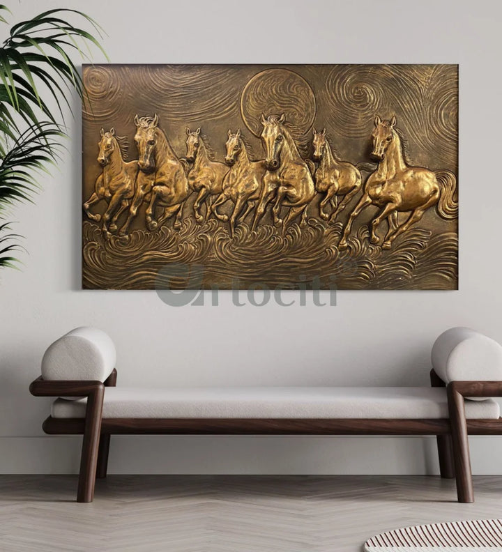 Right moving 5X3 feet 7 Horse 3D Relief Mural Wall Art Bronze / 3X5 feet / Unframed (ready to hang)