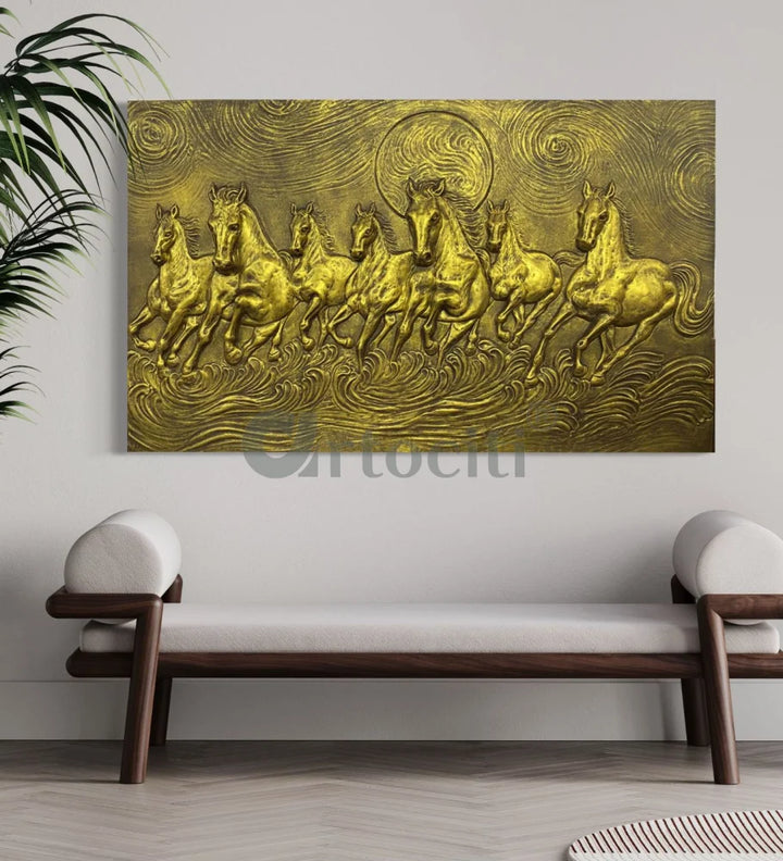 Right moving 5X3 feet 7 Horse 3D Relief Mural Wall Art Golden / 3X5 feet / Unframed (ready to hang)
