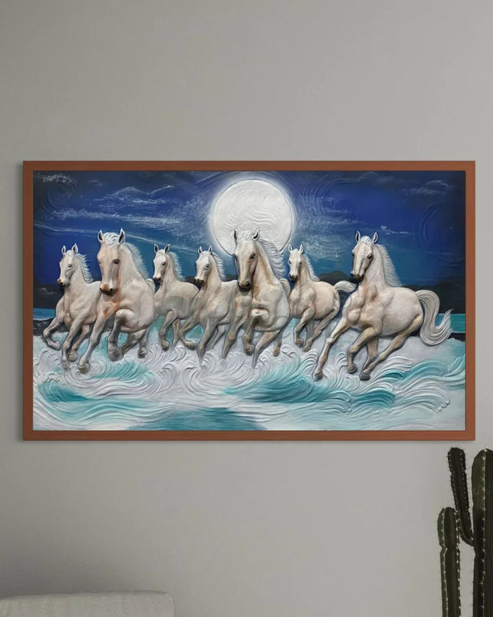 Right moving 5X3 feet 7 Horse 3D Relief Mural Wall Art Multi / 3X5 feet / Framed