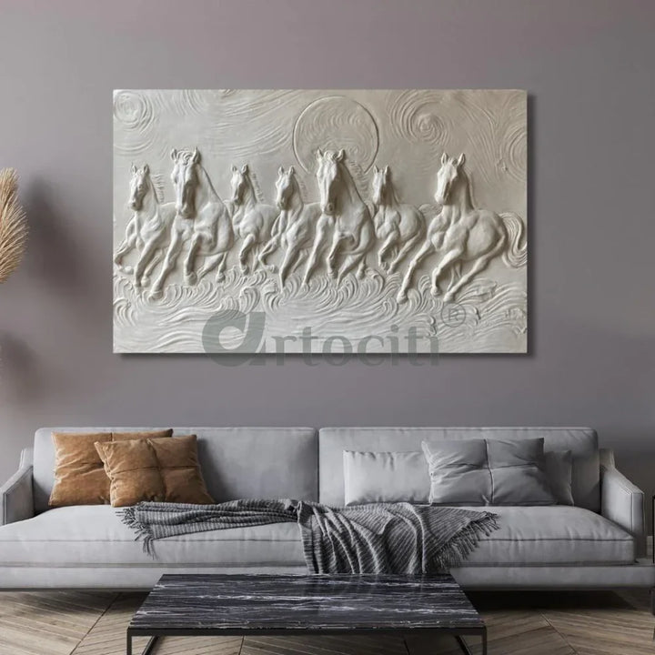 Right moving 5X3 feet 7 Horse 3D Relief Mural Wall Art White / 3X5 feet / Unframed (ready to hang)