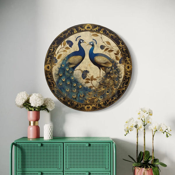 Round Duet Peacock Canvas Giclee Print Round Canvas Wall Art 16X16 Inch