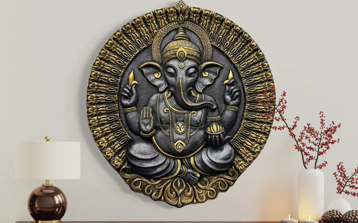 Round Ganesha Wall Decor - 3D Relief Mural Wall Art