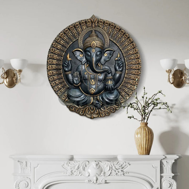 Round Ganesha Wall Decor - 3D Relief Mural Wall Art