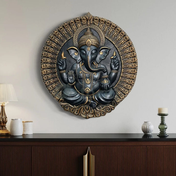 Round Ganesha Wall Decor - 3D Relief Mural Wall Art 3.5X3 Feet / Black With Bronze Highlight