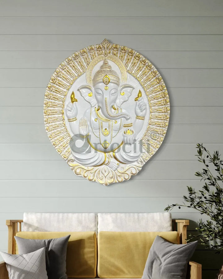 Round Ganesha Wall Decor - 3D Relief Mural Wall Art 3.5X3 Feet / White With Golden Highlights