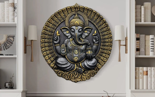 Round Ganesha Wall Decor - 3D Relief Mural Wall Art