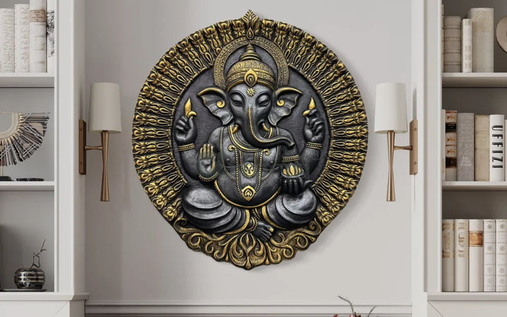Round Ganesha Wall Decor - 3D Relief Mural Wall Art