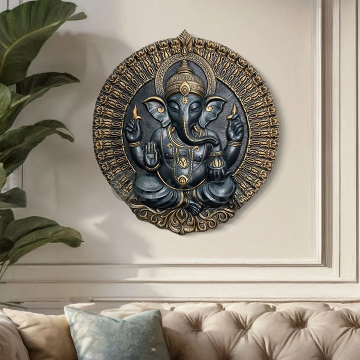 Round Ganesha Wall Decor - 3D Relief Mural Wall Art