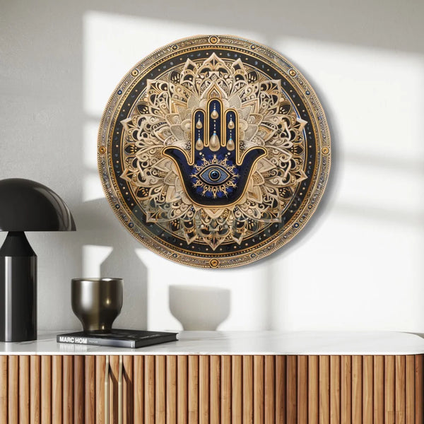 Round Hamsa Hand & Evil Eye Canvas Giclee Print | Round Canvas Wall Art | Canvas wall Plates
