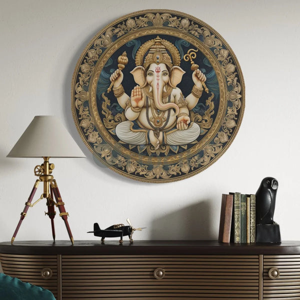 Round Lord Ganesha Canvas Giclee Print Round Canvas Wall Art 32X32 Inch