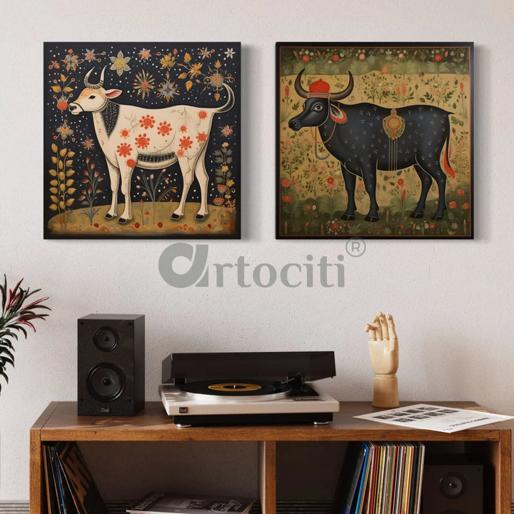 Sacred Krishna Pichwai Cow Reverie Set of 2 Canvas Paintings Pichwai Painting