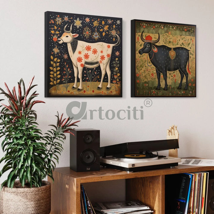 Sacred Krishna Pichwai Cow Reverie Set of 2 Canvas Paintings Pichwai Painting
