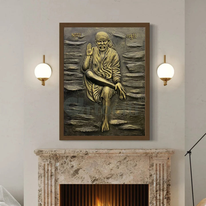 Sai Baba 3D Relief Mural Wall Art 4X3 Feet / Framed / Golden
