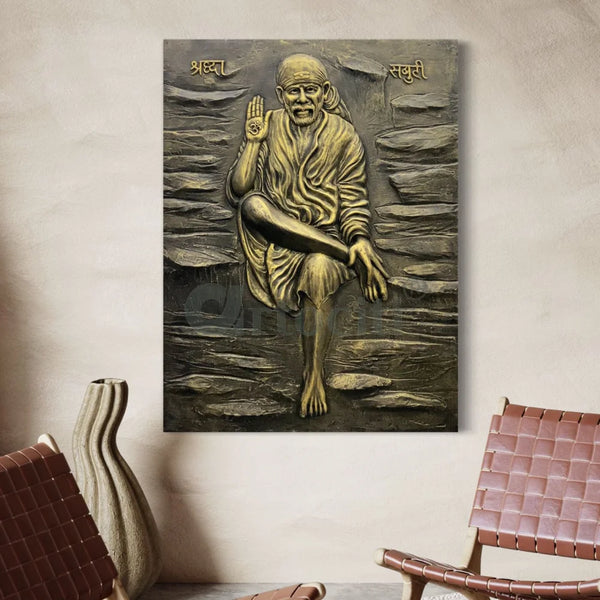 Sai Baba 3D Relief Mural Wall Art 4X3 Feet / Unframed / Golden