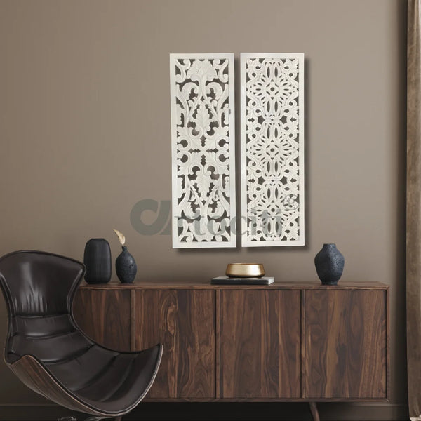 Set of 2 Designer Wooden Panel Hand Carved Mural Wall Art Set of 2 / 36X12 Inch / White
