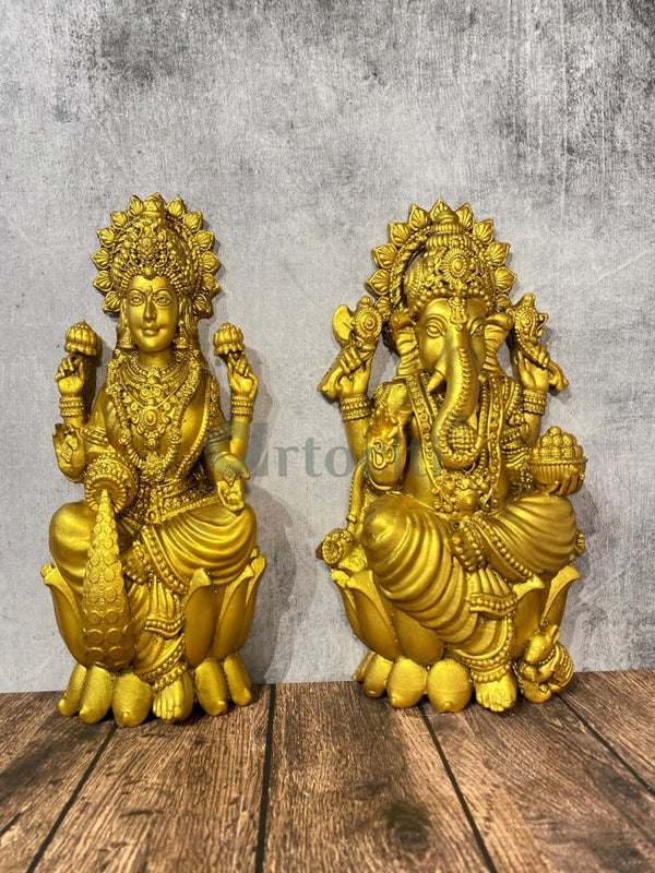 Set of 2 Ganesha Lakshmi 3D Relief Sculpture | Table Decor Set of 2 / Without Soft Box / Gold