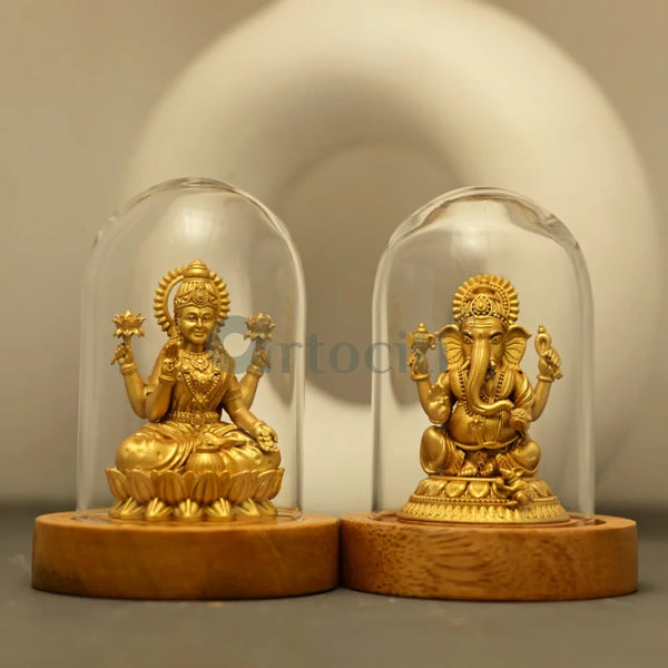 Set of 2 Goddess Lakshmi & Lord Ganesha Miniature Murti in Glass Dome Set of 2 / 3.5X2.5 INCHES / GOLD