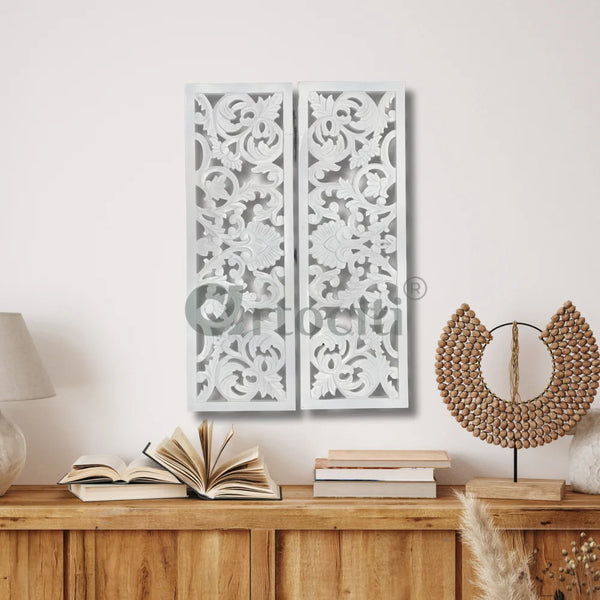 Set of 2 Leaf Floral Wooden Panel Wall Art Set of 2 / 36X12 Inch / White