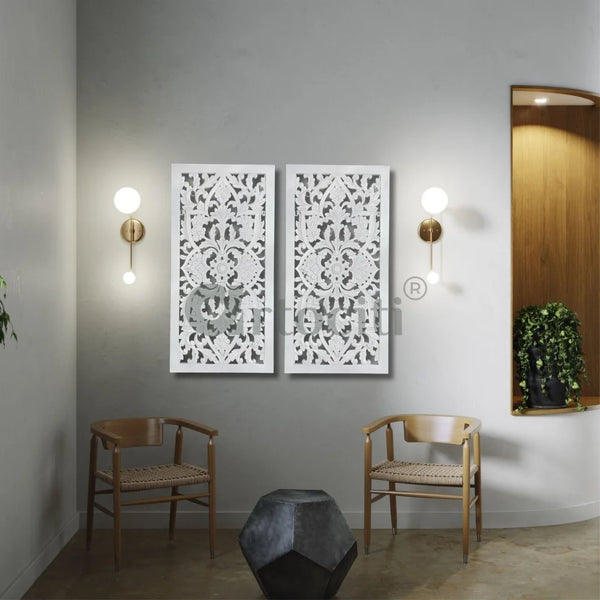 Set of 2 Wooden Jali Hand-Carved Mural Wall Art Set of 2 / 36X18 Inch / White