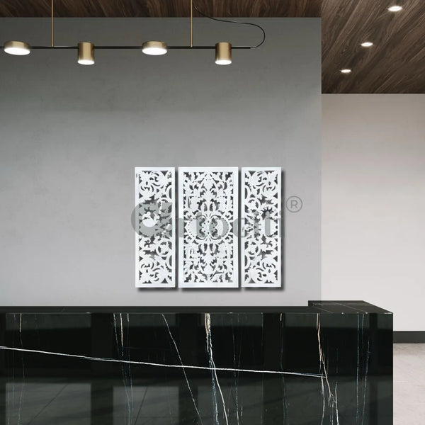 Set of 3 Designer Wooden Jali Modern Hand Carved Mural Wall Art Set of 3 / White