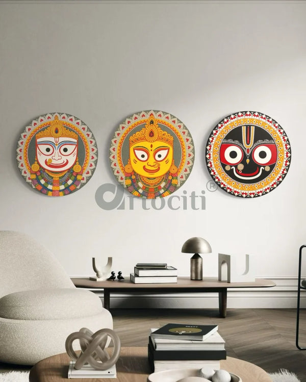 Set of 3 Divine Pattachitra Trio – Jagannath Subhadra & Balabhadra | Round Canvas Wall Art Set of 3 / 16X16 Inch