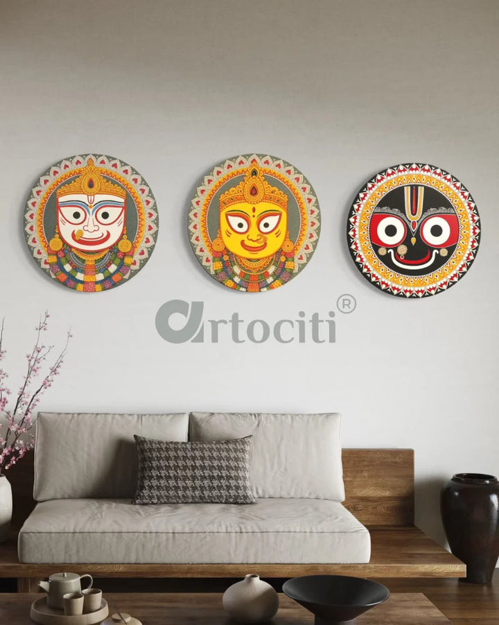 Set of 3 Divine Pattachitra Trio – Jagannath Subhadra & Balabhadra | Round Canvas Wall Art
