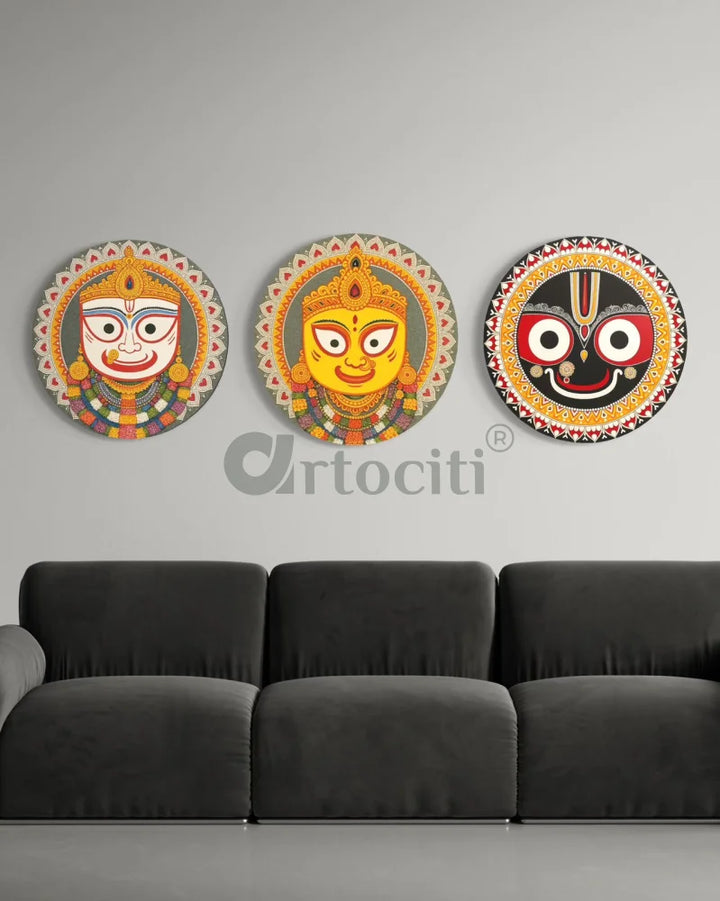 Set of 3 Divine Pattachitra Trio – Jagannath Subhadra & Balabhadra | Round Canvas Wall Art