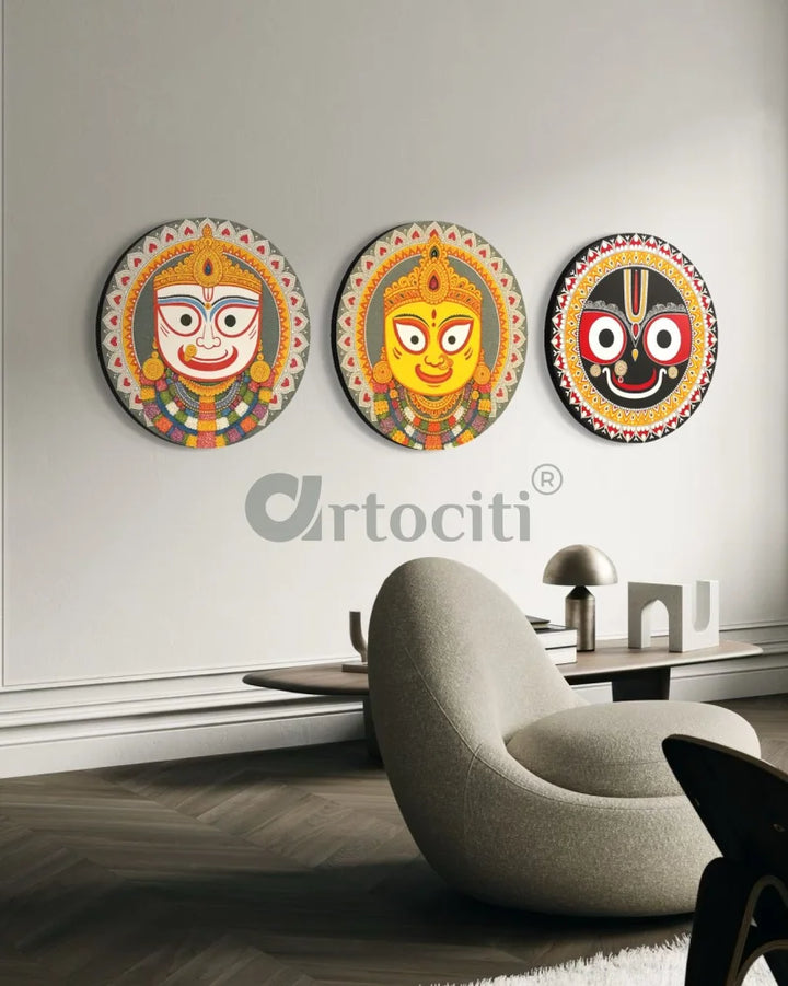 Set of 3 Divine Pattachitra Trio – Jagannath Subhadra & Balabhadra | Round Canvas Wall Art