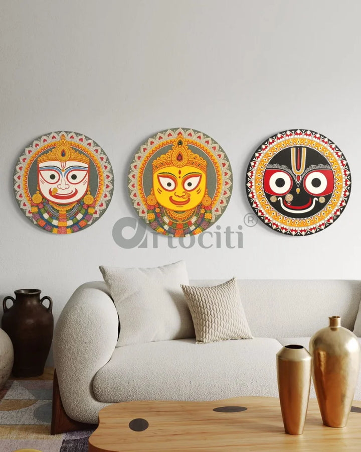 Set of 3 Divine Pattachitra Trio – Jagannath Subhadra & Balabhadra | Round Canvas Wall Art