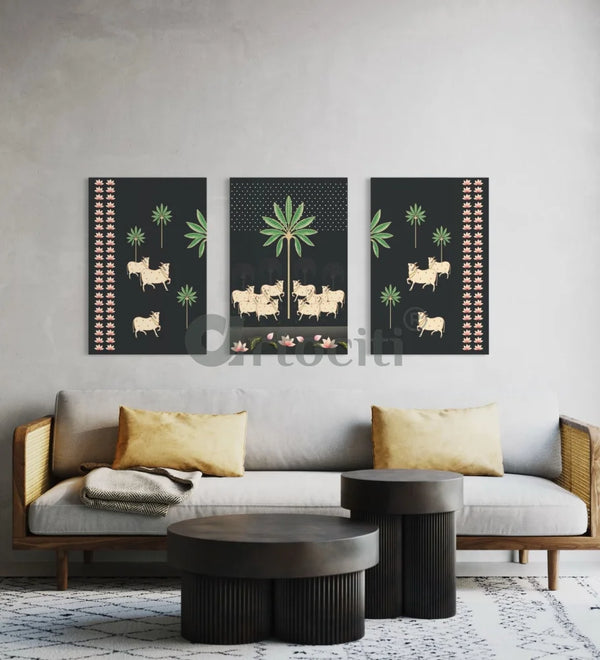 Set of 3 Krishna Pichwai Cow Canvas Prints Premium Quality Wall Art Pichwai Painting
