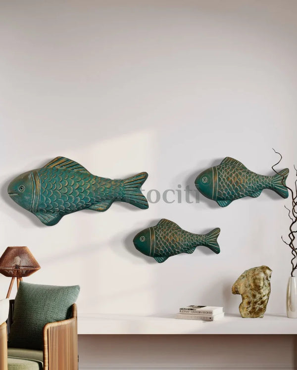 Set of 3 Ocean Blue Patina Finish Fish Relief Mural Wall Art | Ready to Hang Ocean Blue Bronze finish / Set of 1